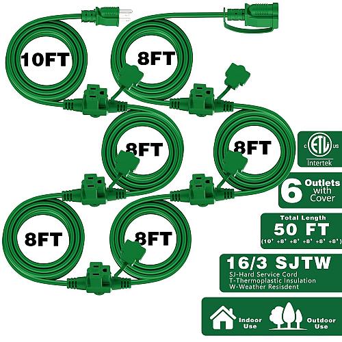 K KASONIC - Outdoor Extension Cord 50 FT Evenly Spaced 6 Outlets Plugs 16/3 S...