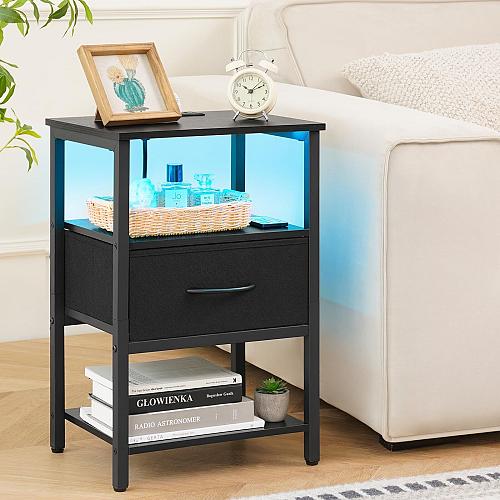 Yoobure Side Table with Storage LED Night Stand with Charging Station End Tab...