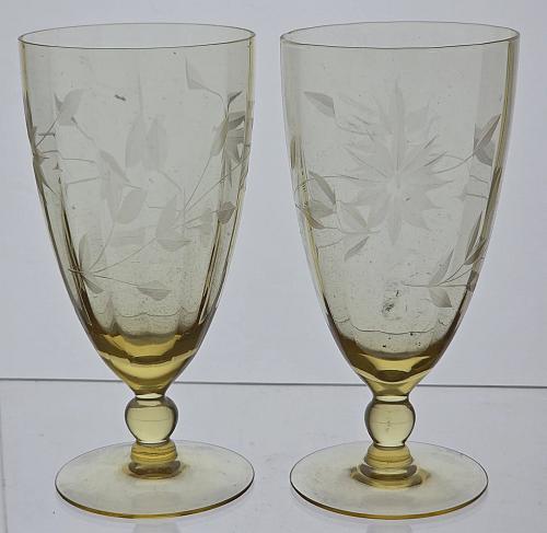 Lancaster Glass Co. Yellow Jubilee water goblet Pair