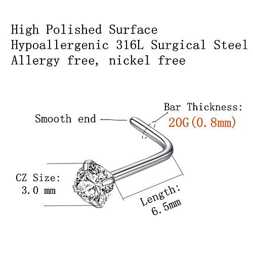 BLESSMYLOVE 6pcs 20g 3.0mm Clear CZ 316L Surgical Steel Silver Nose Studs Nos...