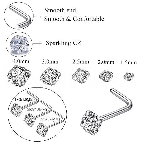 BLESSMYLOVE 6pcs 20g 3.0mm Clear CZ 316L Surgical Steel Silver Nose Studs Nos...