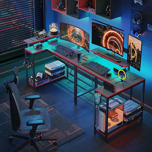 Pinmoco 42" Reversible L-Shaped Gaming Desk with Monitor Stand LED Lights& He...