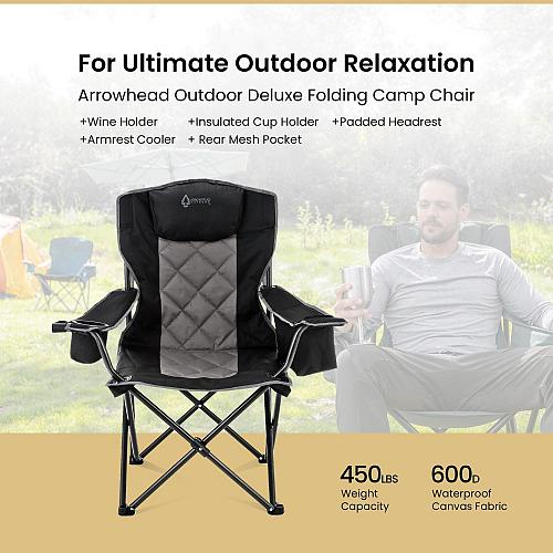 ARROWHEAD OUTDOOR Portable Folding Camping Quad Chair w/ 6-Can Cooler Cup & W...