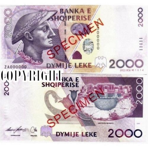 Albania Banknote Specimen Paper Money, 2000 leke 2007. UNC