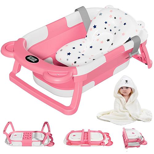 MoreFeel Collapsible Baby Bathtub for Newborn with Thermometer & 1 Hooded Tow...