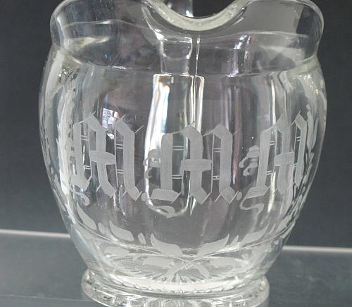 Cut Glass sugar and creamer, etched with initials MMM and bird