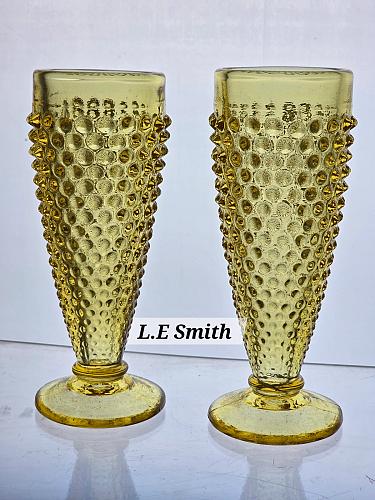 2 .L.E Smith Glass yellow HOBNAIL bud vase