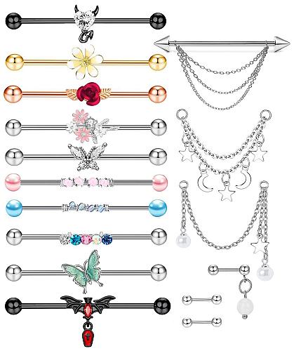 14PCS Industrial Piercing Jewelry Surgical Steel 14G Industrial Earrings Barb...