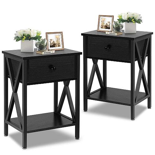 VECELO Night Stands for Bedroom Rustic Nightstand (Set of 2), Classic Black