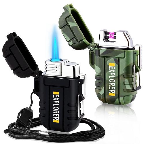 2 Pack Waterproof Lighter Outdoor Windproof Torch Lighter Dual Arc Lighter Bu...