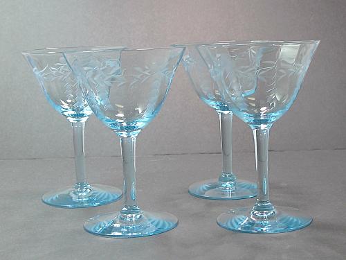 4 Hand cut glass cocktail glasses light blue