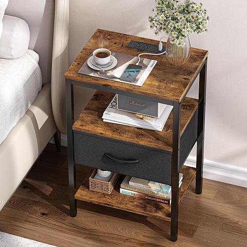 SUPERJARE Nightstand with Charging Station Bed Side Table with Adjustable Fab...