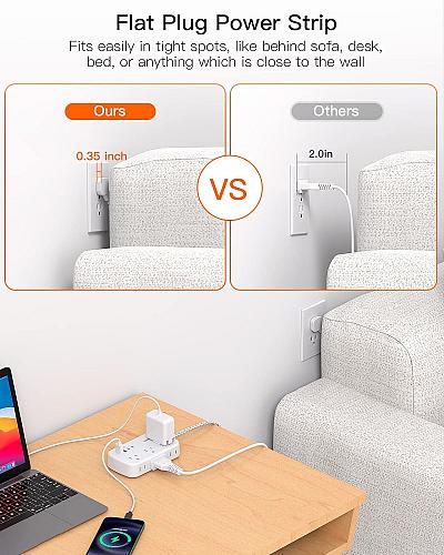 15FT Flat Extension Cord, Flat Plug Power Strip with USB C, Ultra Thin Flat Plug