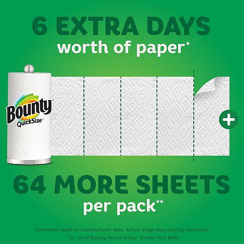 Bounty Paper Towels Quick Size White 16 Family Rolls = 40 Regular Rolls