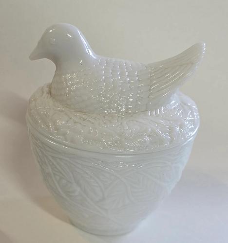 Avon milk glass bird covered candy dish