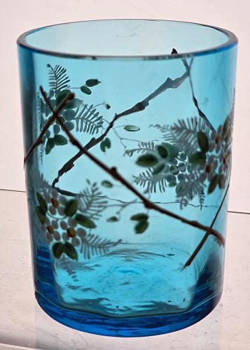 French Glass blue vase enamel painted c.1910