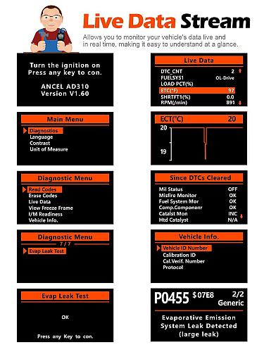 Ancel AD310 Classic Enhanced Universal OBD II Scanner Car Engine Fault Code R...