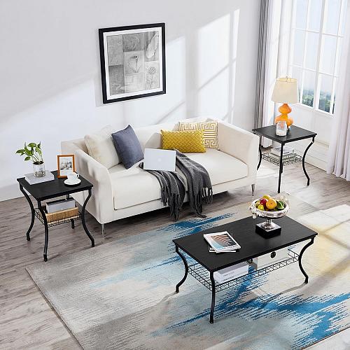 VECELO 3 Pieces Living Room Table Sets Coffee and End Tables with Open Storag...