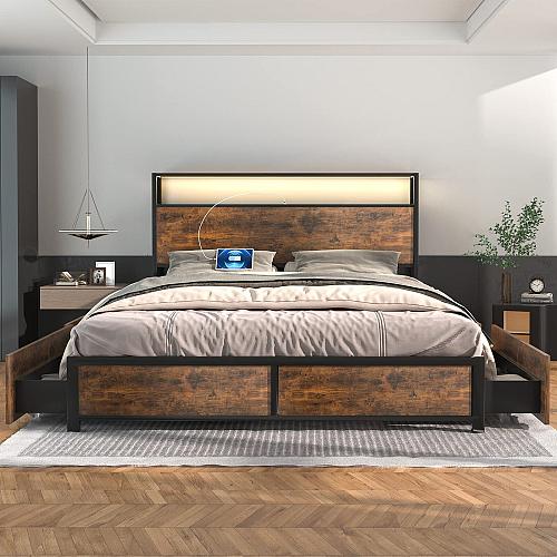 LED Full Bed Frame with Storage Headboard & 4 Drawers Industrial Metal Platfo...
