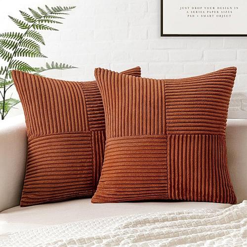 MIULEE Dark Rust Corduroy Pillow Covers Pack of 2 Boho Decorative Throw Pillo...