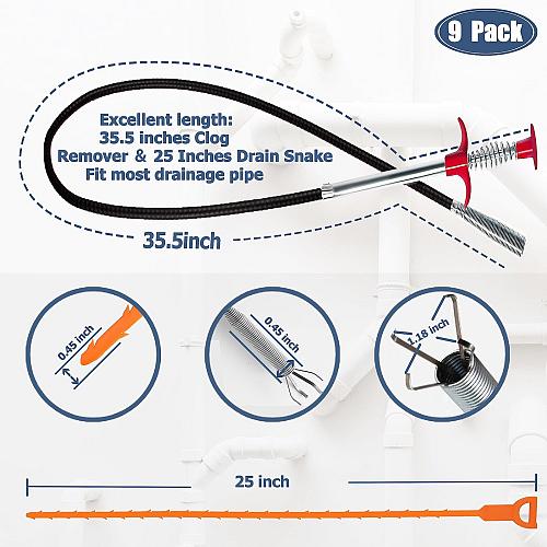 35.5inch Drain Clog Remover1pcs 25inch Drain Snake Hair Remover6pcs ＆ Cleanin...
