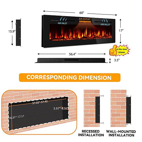 60 Inch Electric Fireplace in-Wall Recessed and Wall Mounted Ultra-Thin Linea...