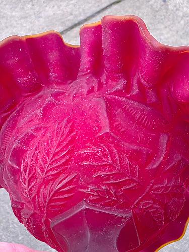 Red frosted glass ruffled edge pedestal compote