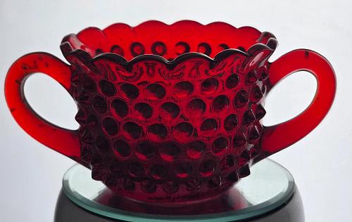 L E Smith red hobnail Glass sugar and creamer