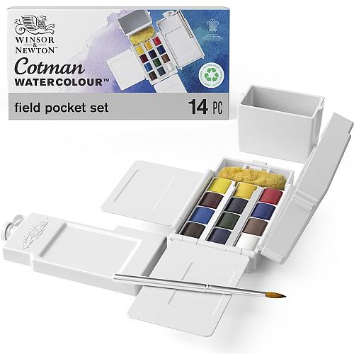 Winsor & Newton Cotman Watercolor Paint Set Field Pocket Set 12 Half Pan w/ B...