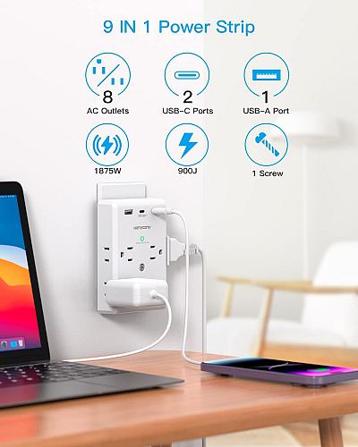 Multi Plug Outlet Extender with USB C Ports 3 Sided Power Strip with 900J Sur...