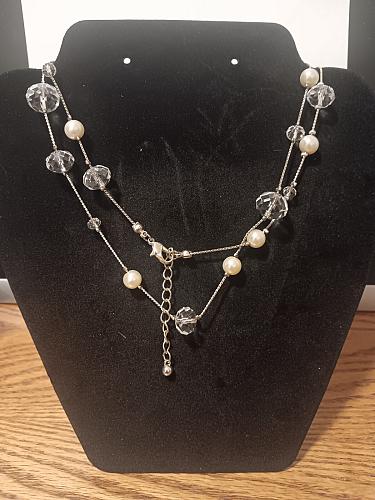 Long Silver Tone Glass Crystal Faux Pearl beaded Necklace