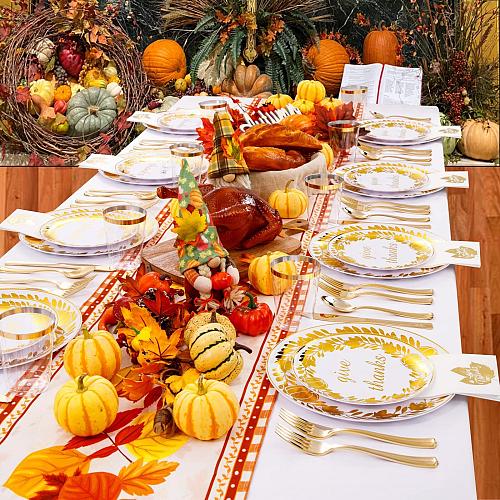 YOUBET 175PCS Thanksgiving Plastic Plates - Thanksgiving Gold Plates - Fall P...