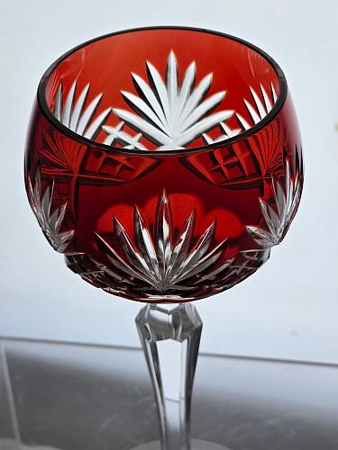 Cut to clear RUBY RED tall hock wine Hand cut