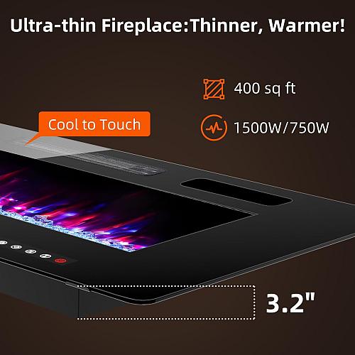 BREEZEHEAT 60 Inch Ultra Thin Electric Fireplace-Freestanding or Recessed Wal...