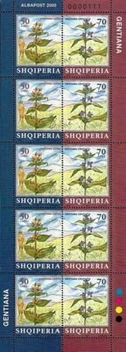 Albania Stamps 2000. Flora Flowers. Gentiana Cruciata, Gentiana Lutea. Sheet MNH