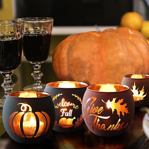 Thanksgiving Votive Candle Holder Set of 6 Glass Votives Holder with 6 Laser ...