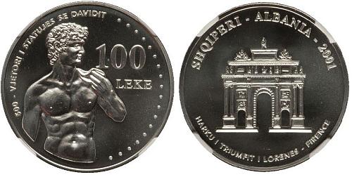 Albania 100 Leke, 2001. 500 Anniv. MICHELANGELO'S Statue of David. Silver UNC