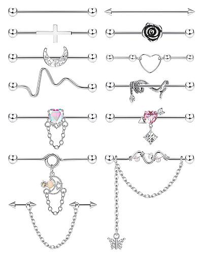ORAZIO 13PCS Industrial Piercing Jewelry Surgical Steel 14G Industrial Earrin...