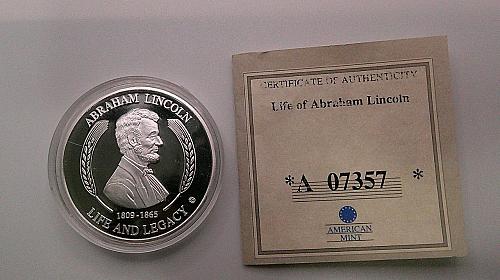 Abraham Lincoln Commander in Chief Coin Medal CU Silver Plated, 2008