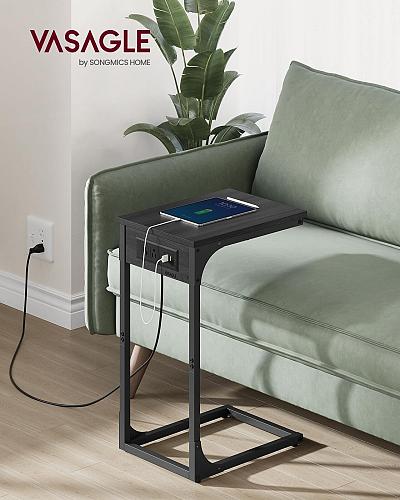 VASAGLE C-Shaped Side Table End Table with Charging Station C Table for Couch...