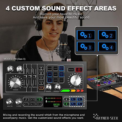 Podcast Equipment Bundle for 2 Audio Mixer with Condenser Microphone and 48V ...
