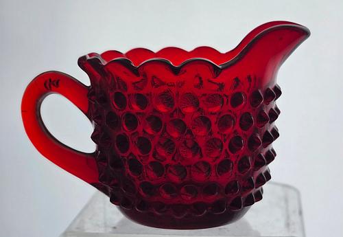 L E Smith red hobnail Glass sugar and creamer