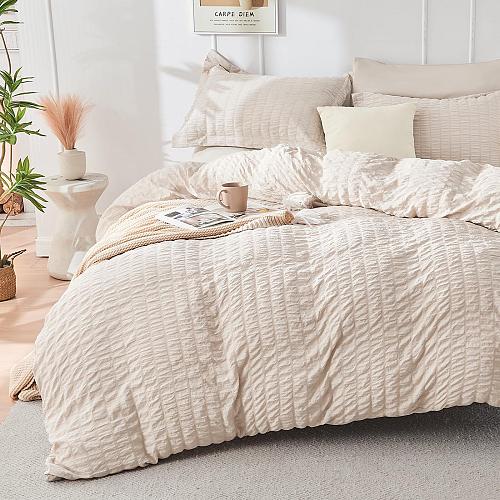 HYMOKEGE Beige Queen Comforter Set Seersucker 7 Pieces All Season Luxury Bed ...