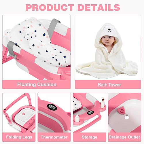 MoreFeel Collapsible Baby Bathtub for Newborn with Thermometer & 1 Hooded Tow...