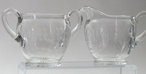 Cut Glass sugar and creamer, etched with initials MMM and bird
