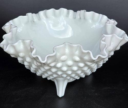 Fenton glass ruffled edge 3 leged dish auction