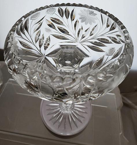 American Brilliant Period Cut Glass compote tear drop stem strawberries