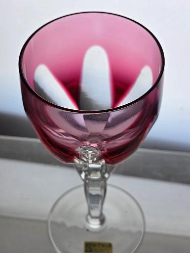 Hand Cut to clear cranberry wine glass
