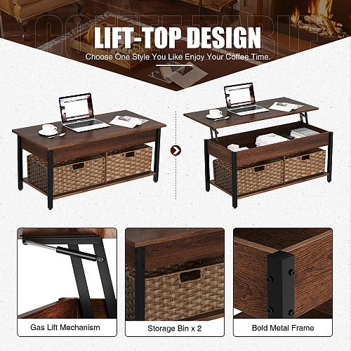 Rolanstar Lift Top Coffee Table with Hidden Storage Compartment and 2 Rattan ...