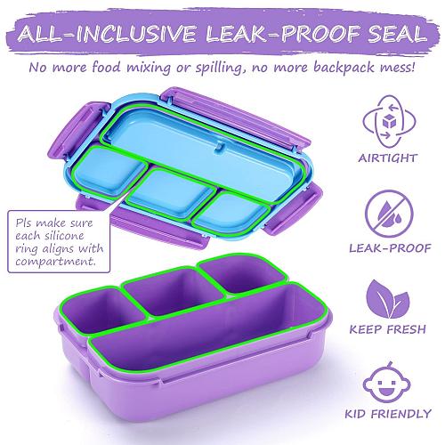 QQKO Bento Lunch Box with 4 Compartments Sauce Container Utensils Food Picks ...
